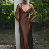 Robe jaune longue satin | brun