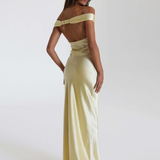 Robe jaune satinée dos nu dos