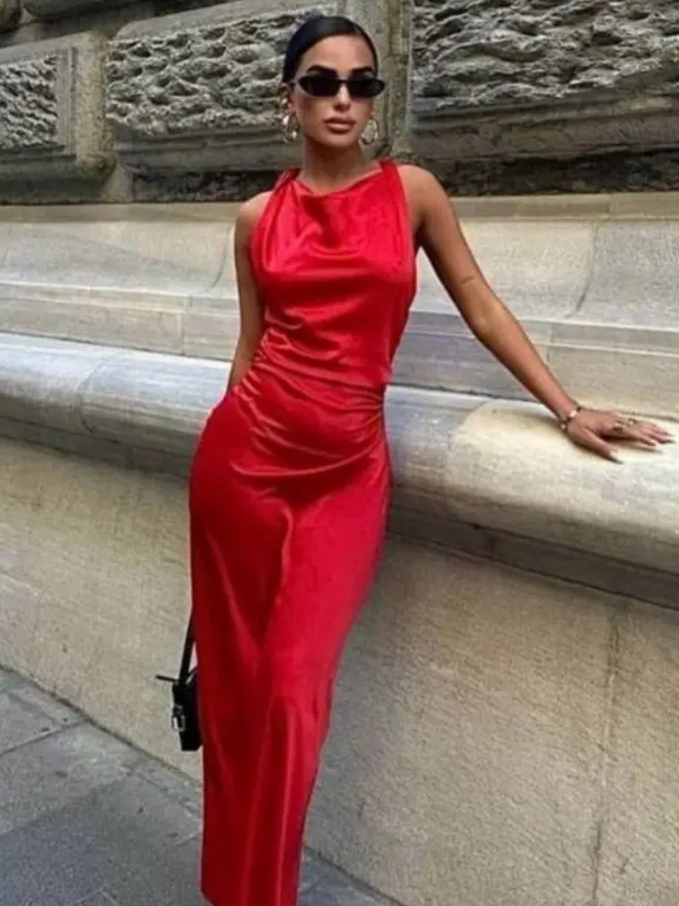 Robe satin beige | rouge