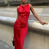 Robe satin beige | rouge