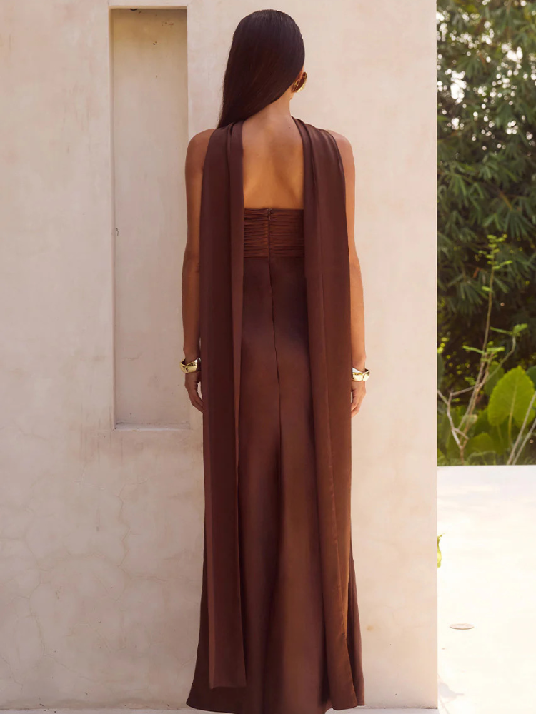 Robe satin dos nu brun long