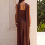 Robe satin dos nu brun long