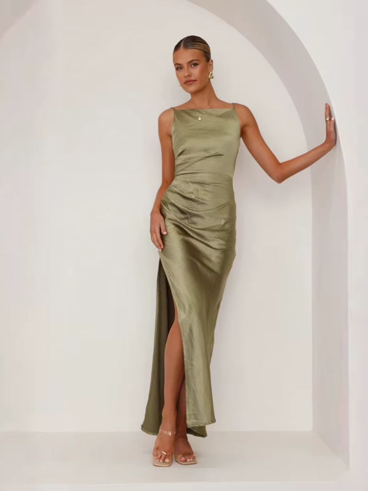 Robe satin noire longue | Vert