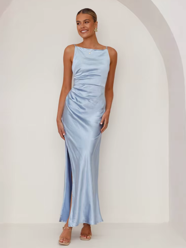 Robe satin noire longue | bleu