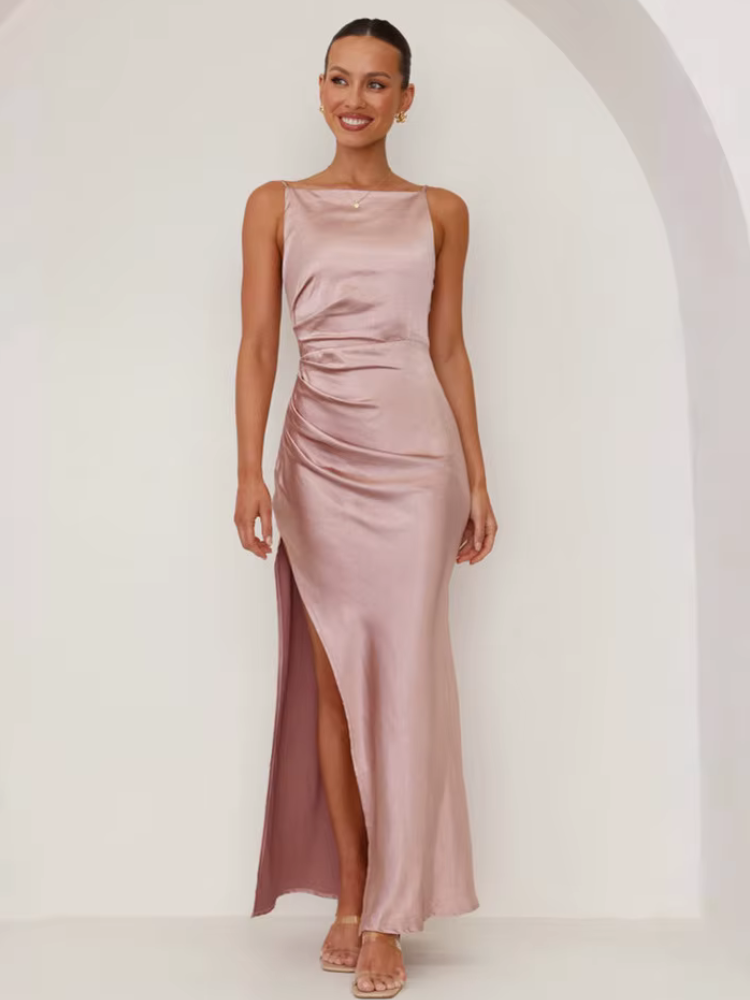 Robe satin noire longue | Rose