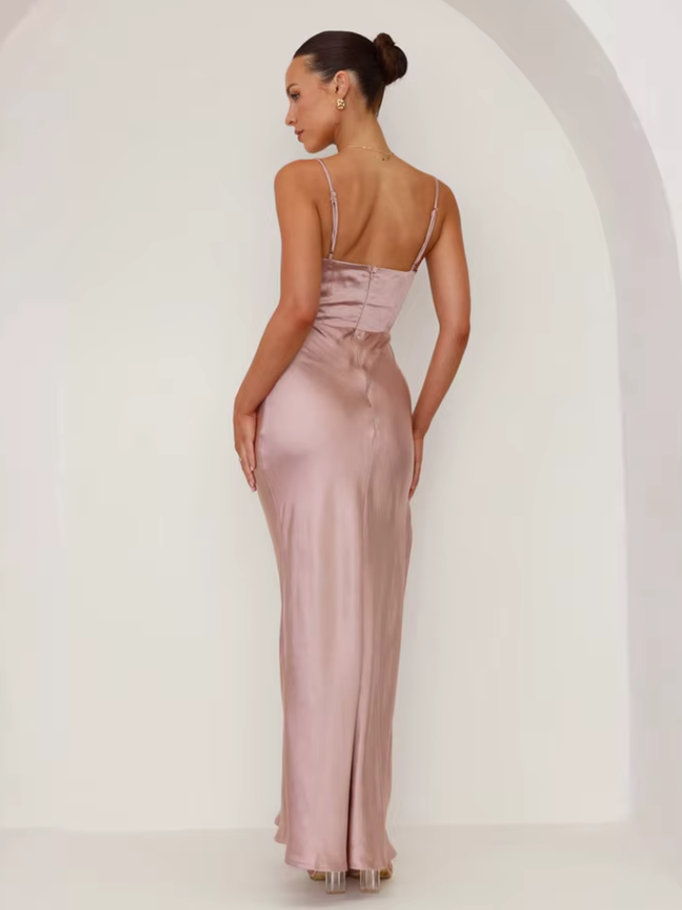 Robe satin noire longue | rose