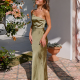 Robe satin vert olive long