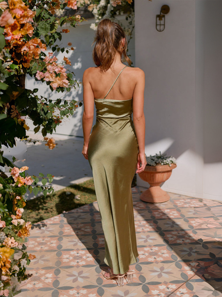 Robe satin vert olive dos