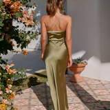 Robe satin vert olive dos