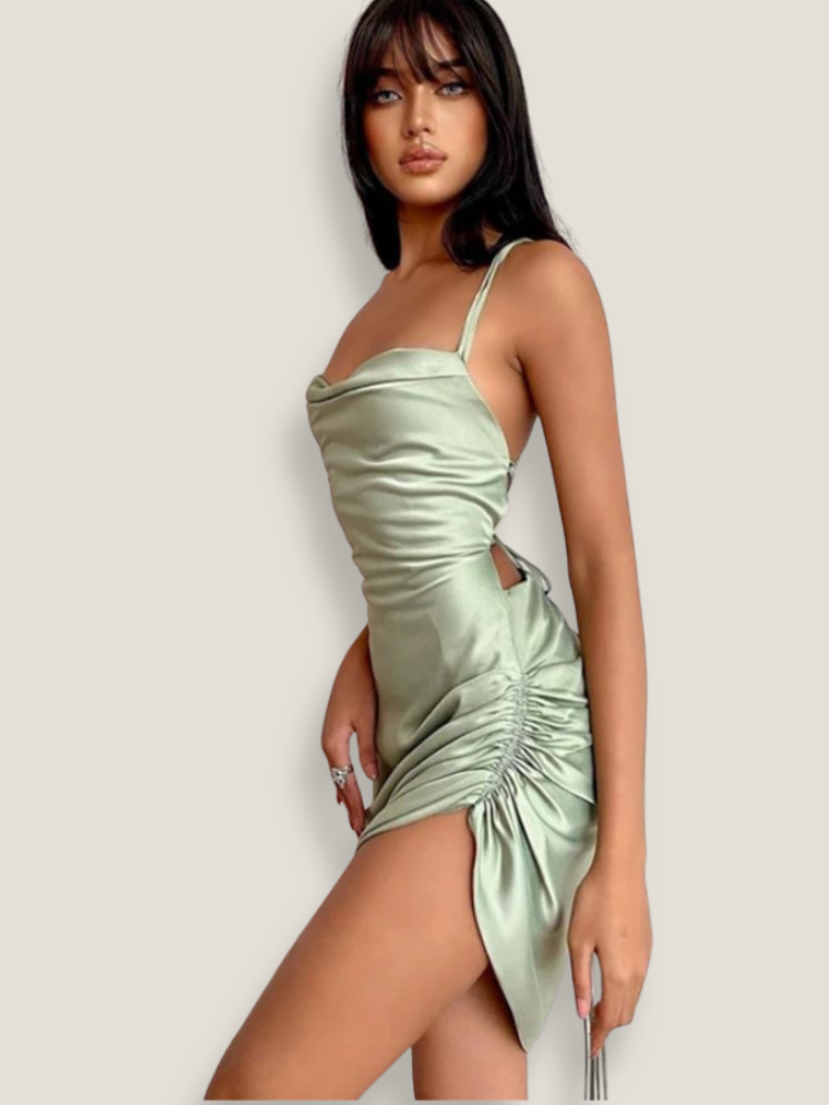 Robe satin vert sauge court