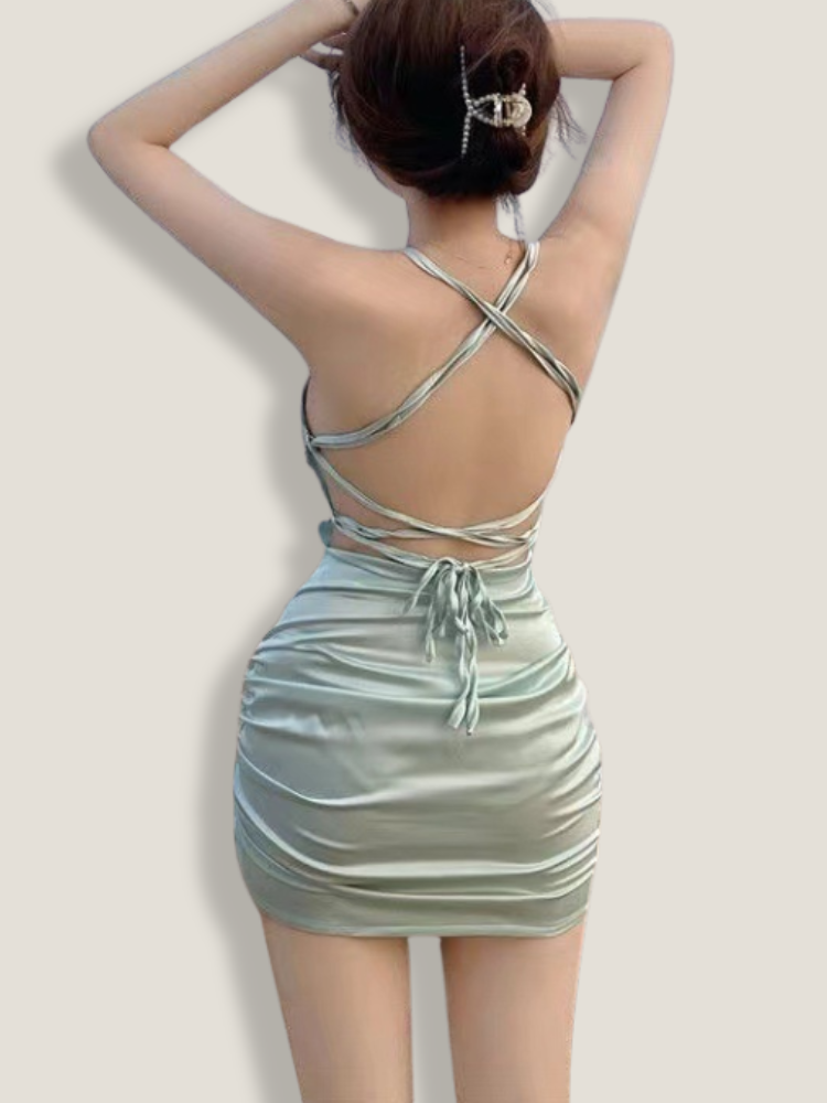 Robe satin vert sauge dos