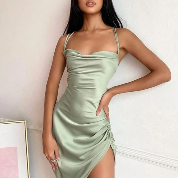 Robe satin vert sauge