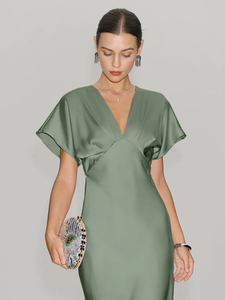 Robe demoiselle d'honneur vert sauge satin zoom