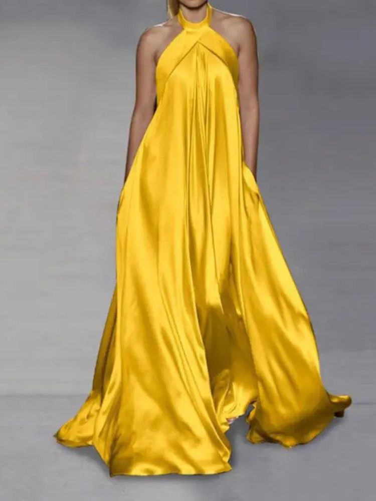 Robe de soirée longue satin jaune