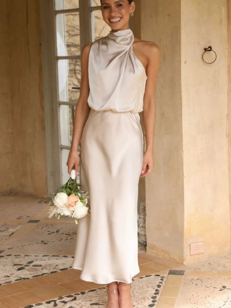 Robe en satin rose | beige