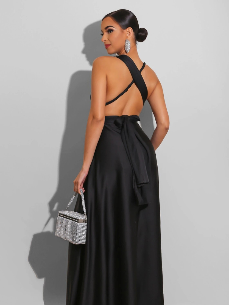 Robe longue en satin transformable noir