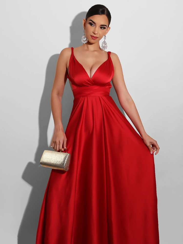 Robe longue en satin transformable rouge
