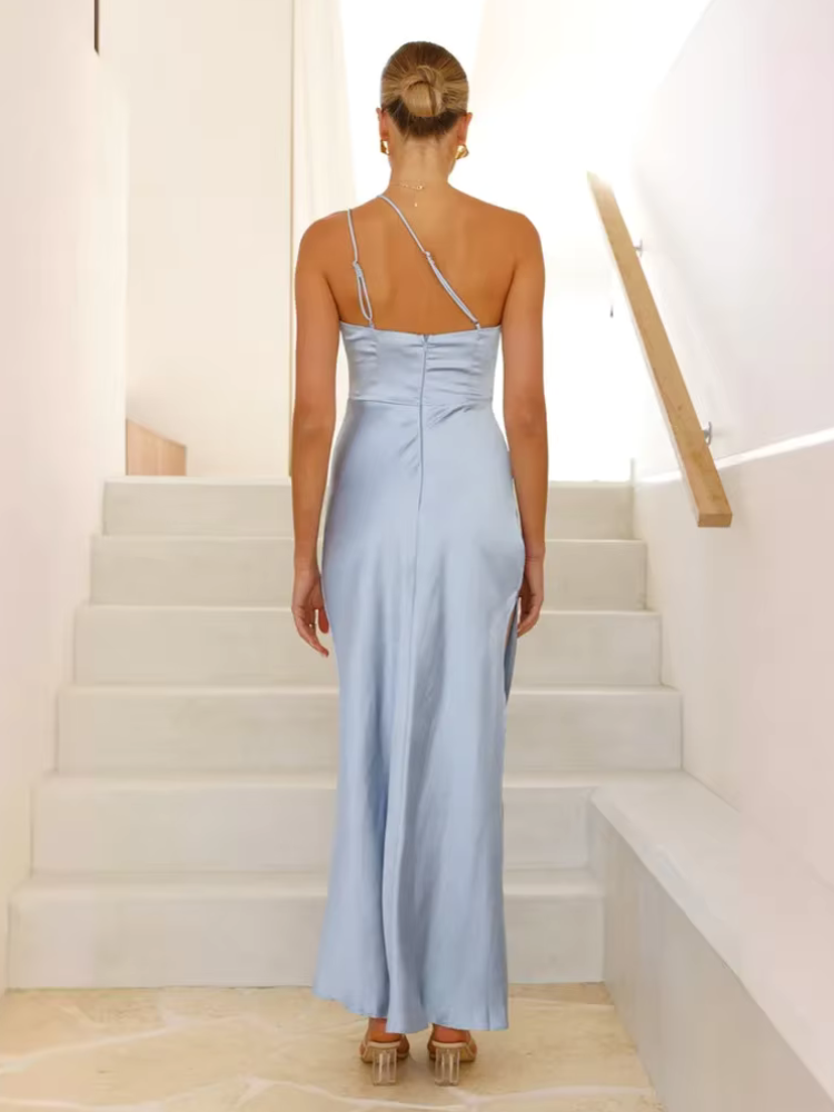 Robe longue satin bleu dos