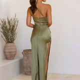 Robe longue satin bleu | Vert