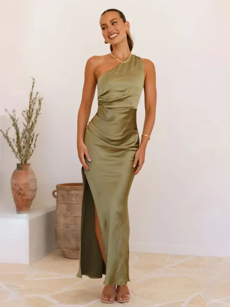 Robe longue satin bleu | vert
