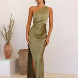 Robe longue satin bleu | vert