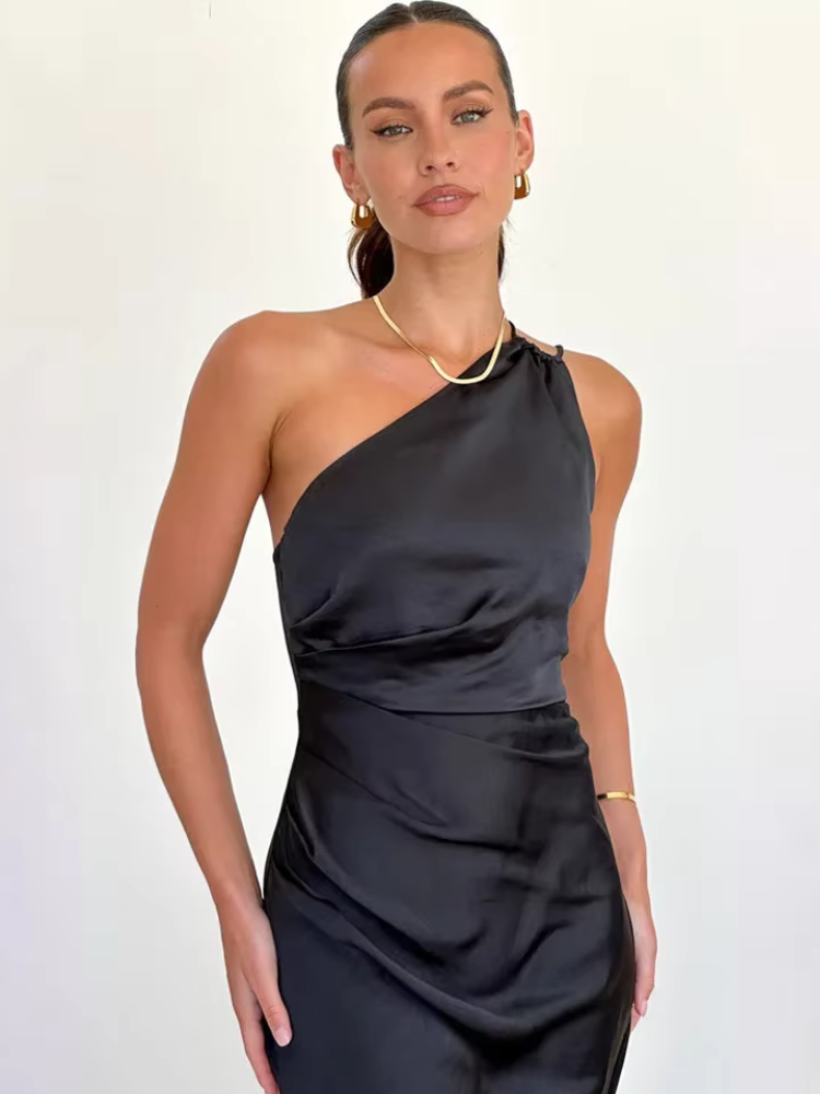 Robe longue satin bleu | Noir