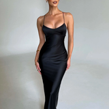 Robe longue satinée à bretelles noir