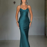 Robe longue satinée à bretelles vert