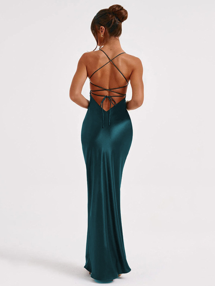 Robe longue satinée à bretelles vert dos