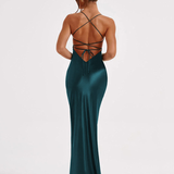 Robe longue satinée à bretelles vert dos
