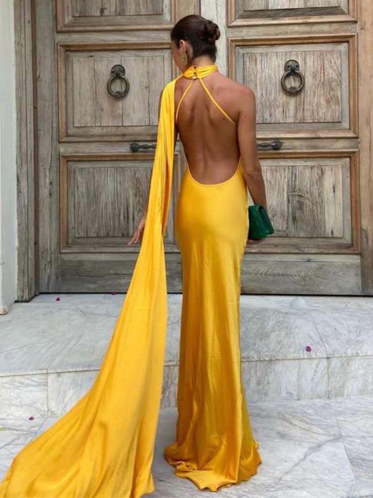 Robe satin jaune dos