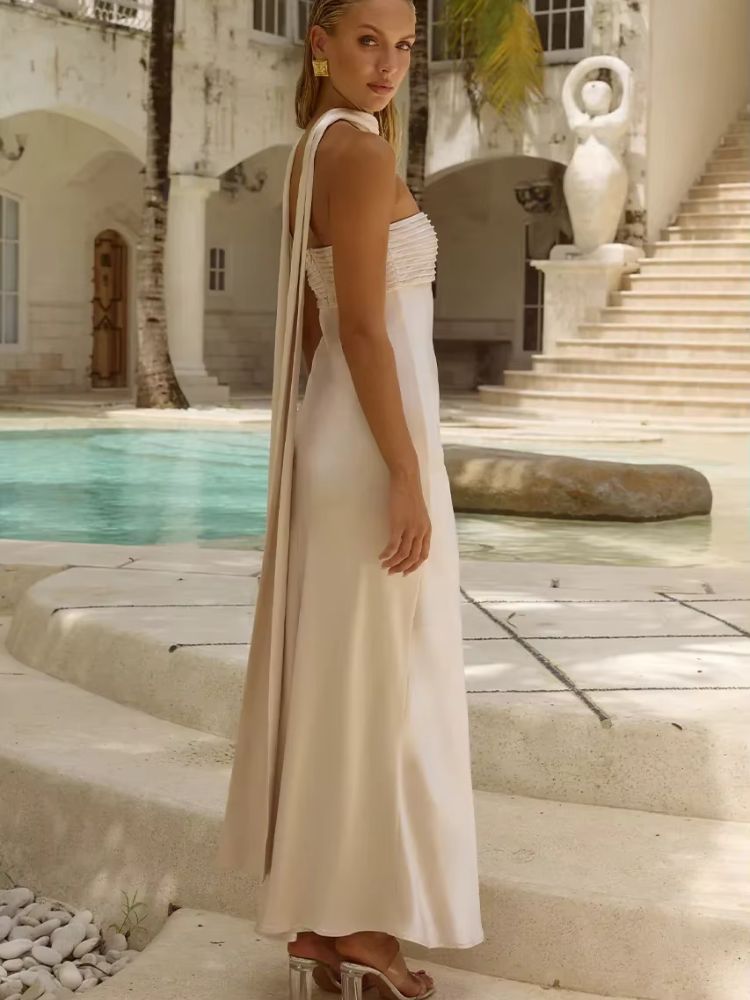 Robe satin dos nu beige